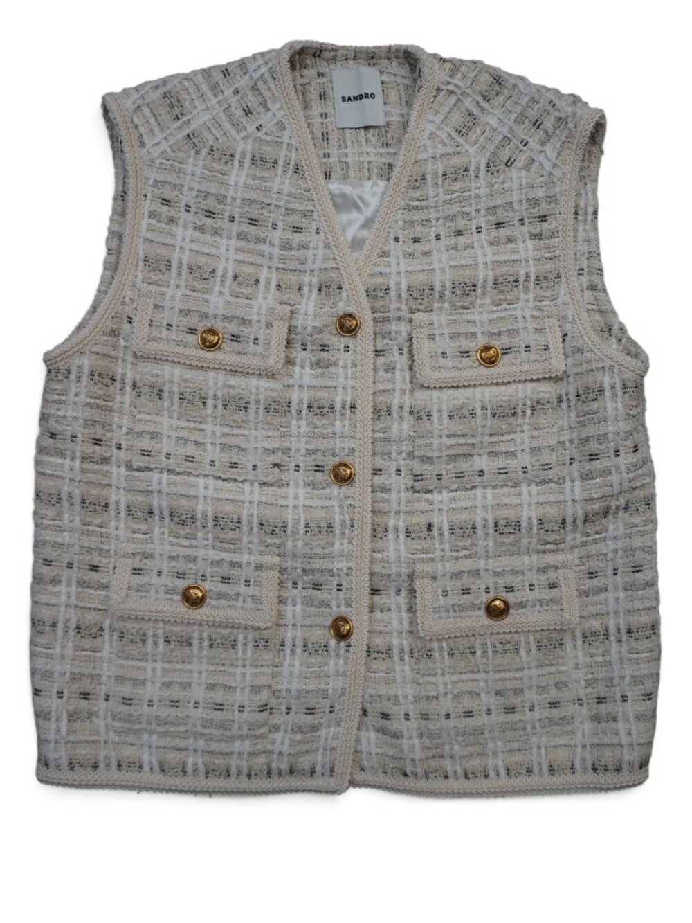Sandro Paris Sleeveless Tweed Jacket Vest Ecru Lurex Gold Buttons NWT Sz 40/US 8